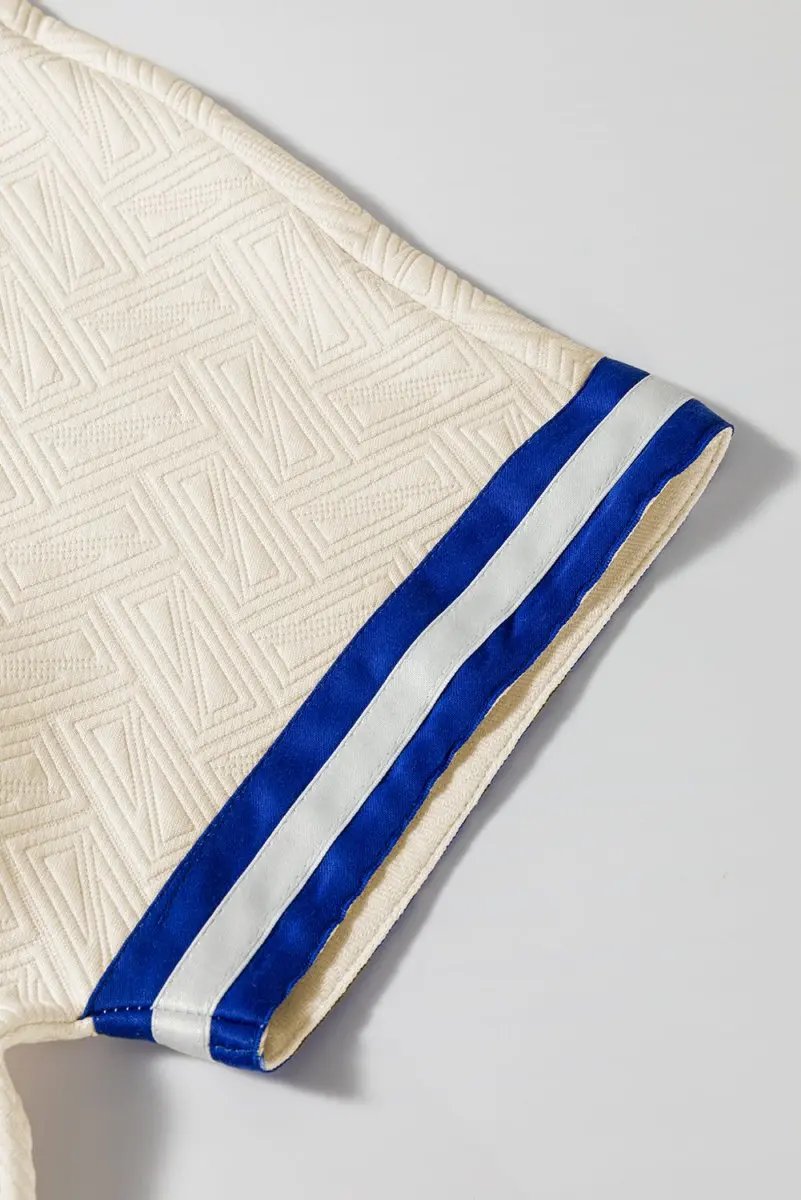 Beige Preppy Striped Trim Quarter Zipper Short Sleeve Top - Love Salve